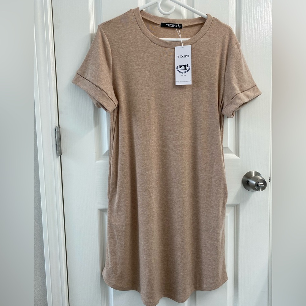 YEXIPO Tan Casual T-Shirt Dress